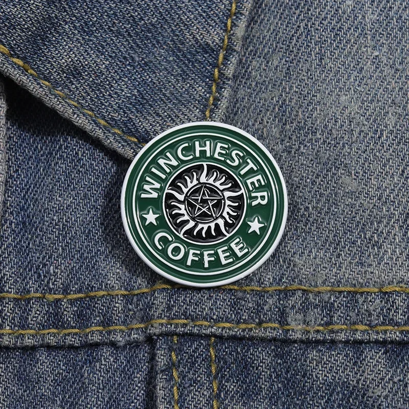 Cartoon coffee alloy brooch creative circular English letter COFFEE commemorative baked paint accessory badge Pins For Backpacks