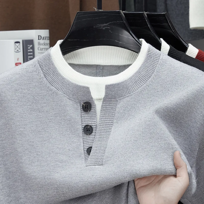 2025 Autumn Men's Sweater Long Sleeve Kniting pullover Crew Neck Fake Two Piece Pullover Minimalist Fashion Casual Versatile