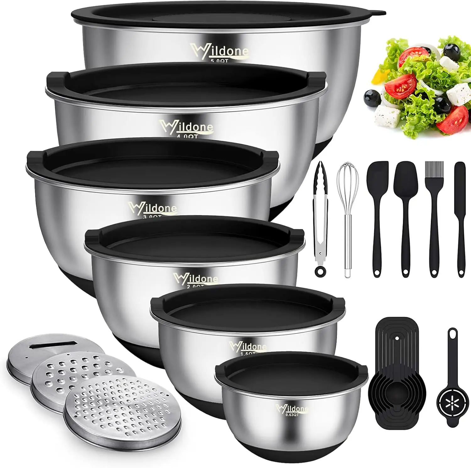 

22 PCS Stainless Steel Nesting Mixing Bowls with Airtight Lids, 6 Sizes, Grater Attachments, Non-Slip Bottom, Space Saving
