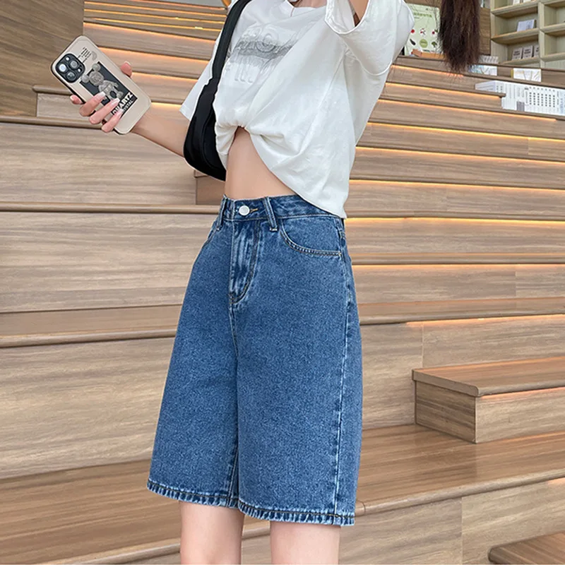 Shorts jeans de verão para mulheres, cintura alta, pernas largas, retrô, fino, reto, curto, algodão, azul, estilo coreano