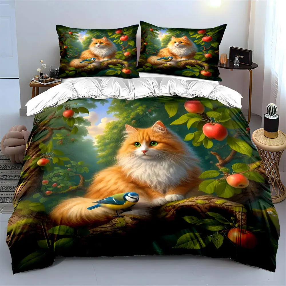 3pcs Orange cat and bluebird on tree Print Soft Comfortable Duvet Cover Bedding Set Included 1*Duvet Cover  2*Pillowcases
