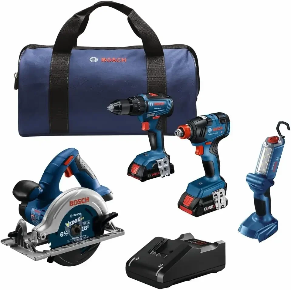 18V 4-Tool Combo Kit with 2-In-1 1/4 In. and 1/2 In. Bit/Socket Impact Driver, 1/2 In. Hammer Drill/Driver, Circular Saw, Workli