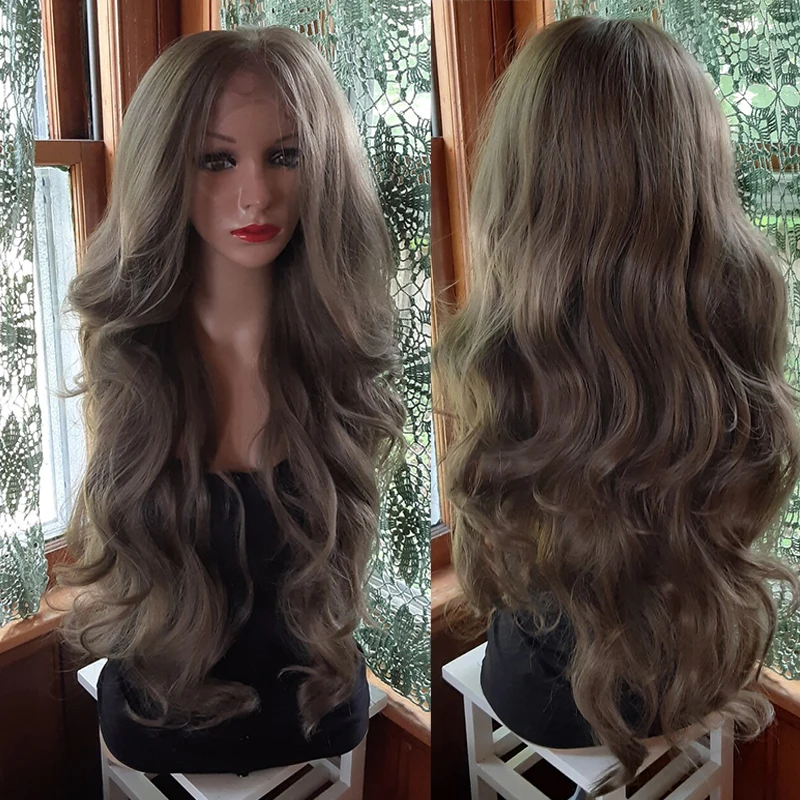 Light Ash Brown Synthetic Wigs Human Hair Blend Lace Front Wig PrePlucked Futura Fiber Realistic Part Long Wavy Ladies Gift Wig