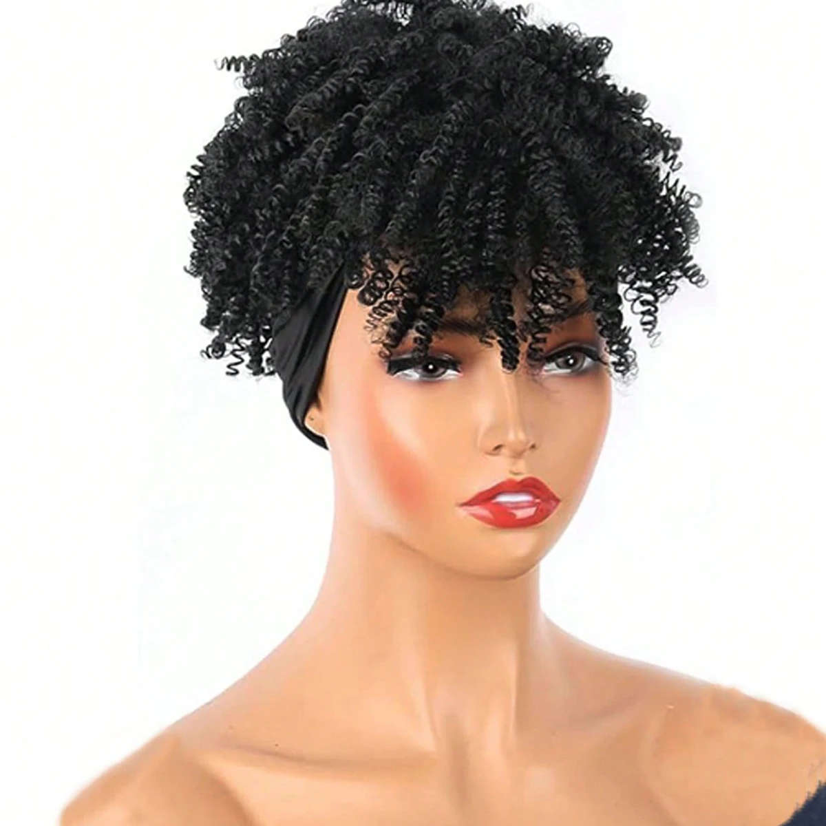 عقال الباروكات الاصطناعية قصيرة الأفرو غريب مجعد الباروكات شعر مستعار بني داكن مع الانفجارات التفاف الباروكات 2 في 1 شعر مستعار عمامة #3