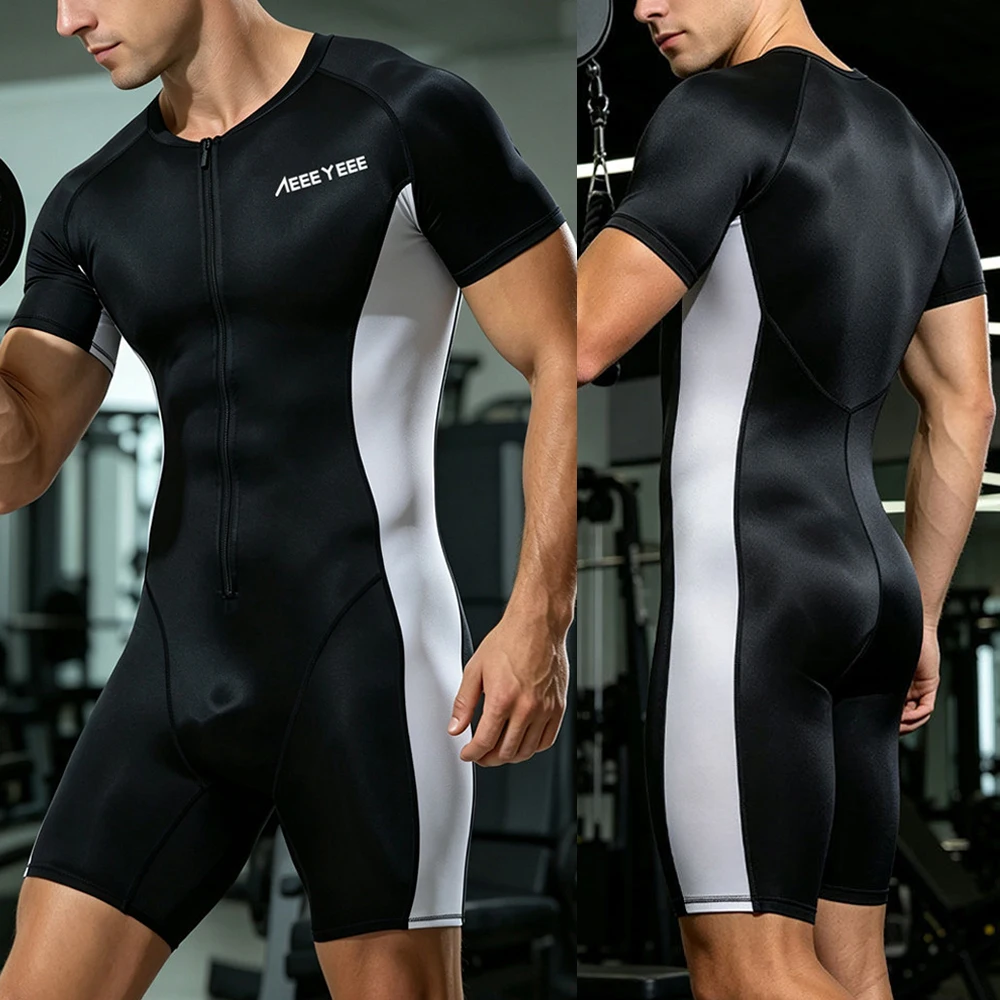 Men Sexy Compression One Piece Shapewear Sports Wrestling Running Tracksuits Fitness Cycling Training Quick-dry Zipper Bodysuits