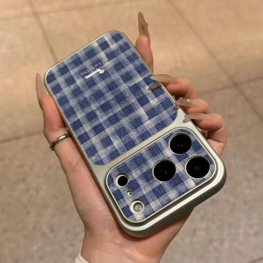 Blue-and-white Checkered Pattern Phone Case For iPhone 18 Pro Max 17 Pro 15 Pro 16 14 13 12 11 Faux leather Surface with lanyard view 5