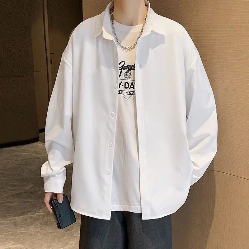 Hong Kong Style Long-sleeved Shirt Men Solid Color Korean Style Trendy Handsome Loose Student White Casual Thin Jacket New Style