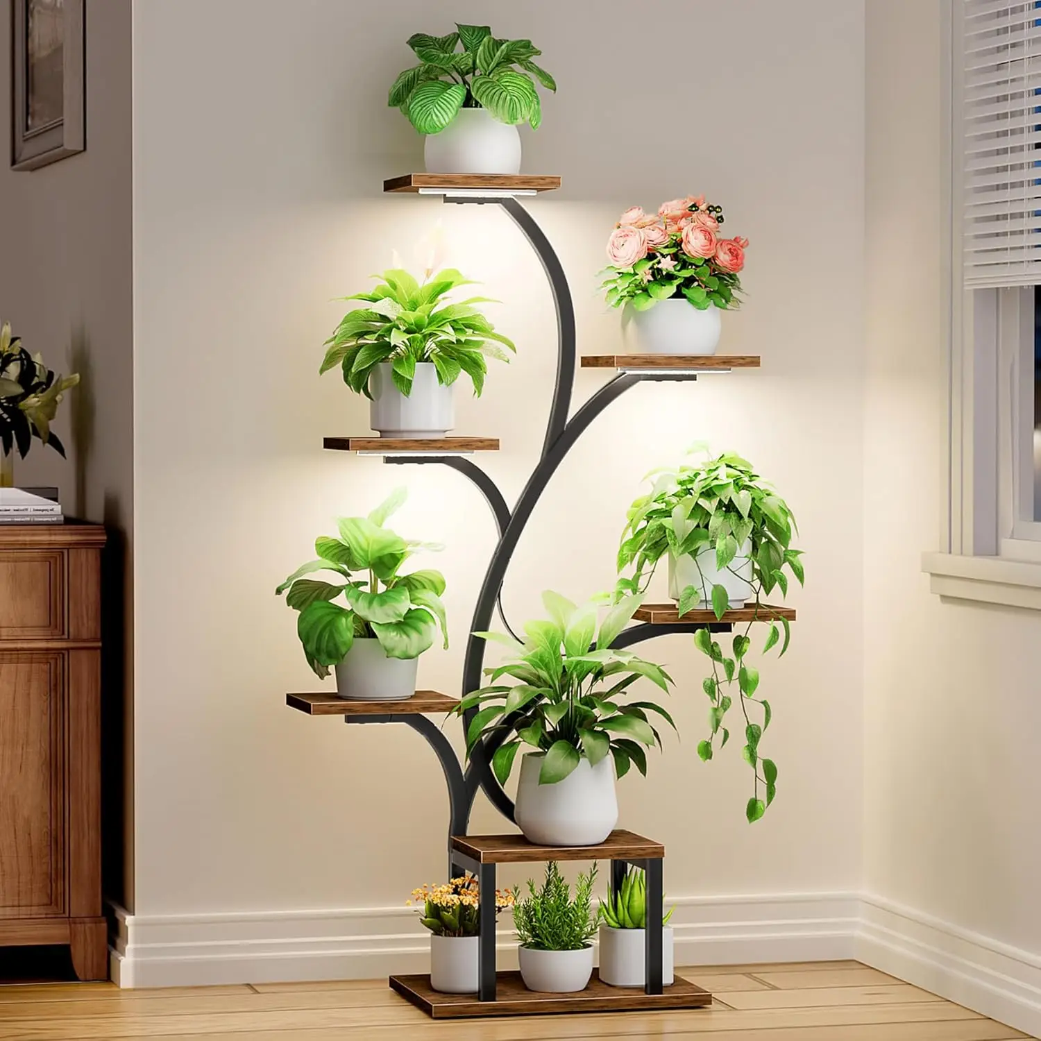 

7-Tier Corner Plant Stand with Grow Lights, Metal Tree-Shaped Shelf for Indoor Plants, Patio, Brown