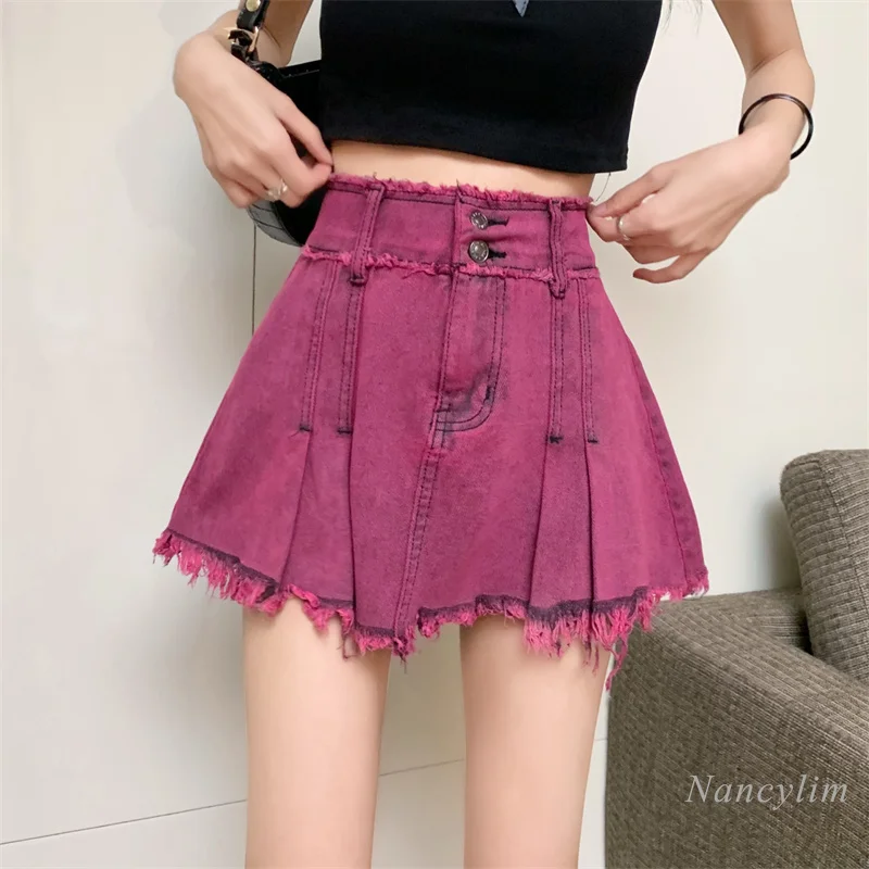 Summer Double Buckle Burrs Edge Washed High Waist Pleated Female Temperament Slimming A- Line Rose Red Denim Skirt for Women