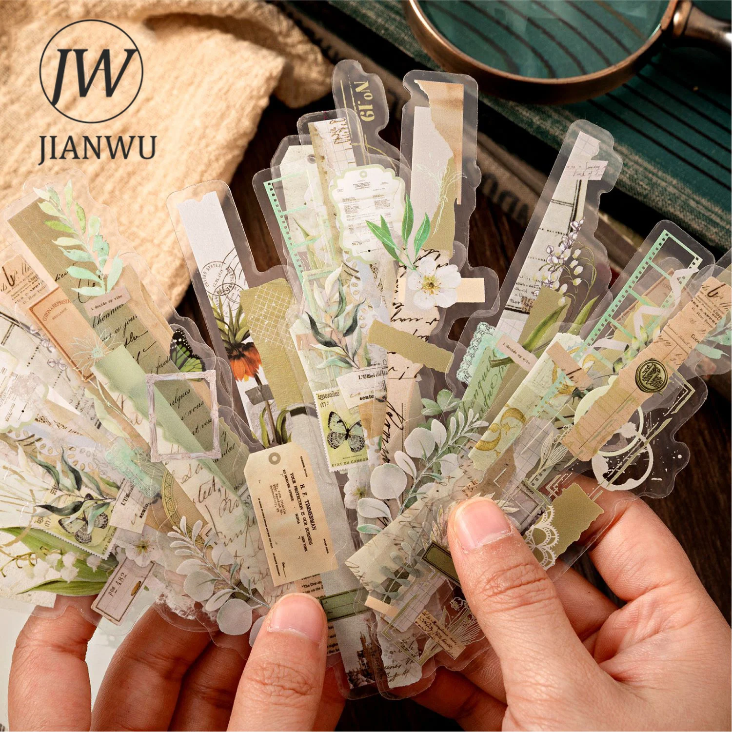 JIANWU 20 Sheets Paper Lab Series Vintage Plant Flower Material Decor Strip PET Sticker Creative DIY Journal Collage Stationery