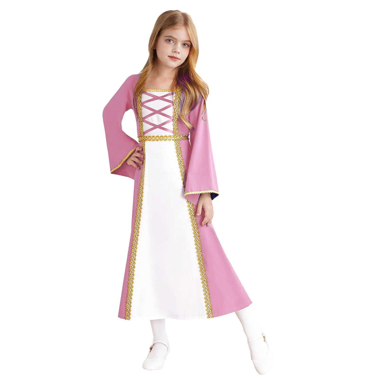 Kids Girls Royalty Princess Dance Performance Costume Medieval Cosplay Outffts Dress Up Renaissance Gown Halloween Party Costume