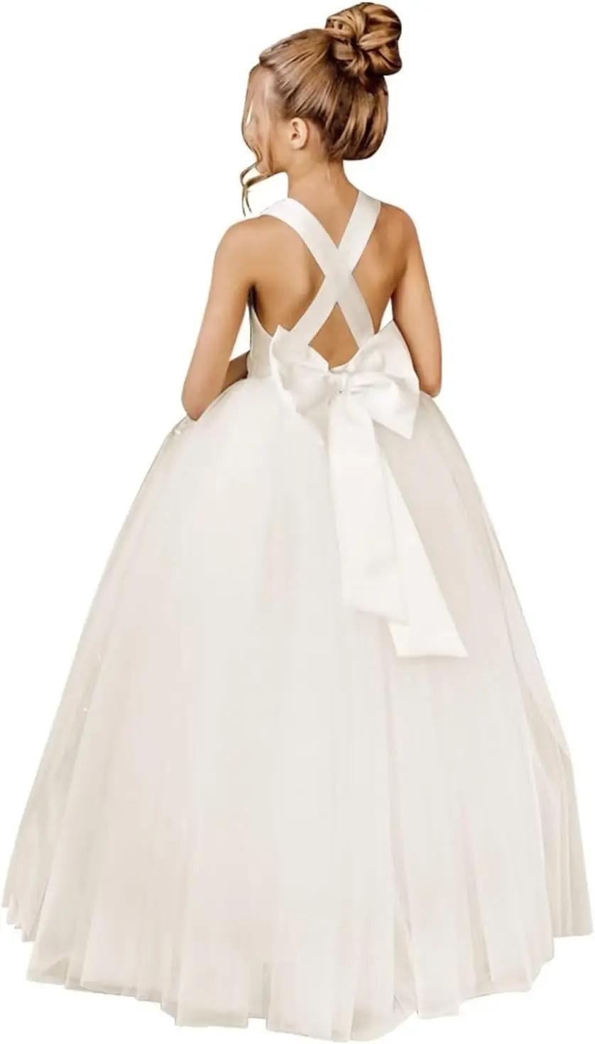 

Satin Cross-Shoulder Strap Bow Flower Girl Dress for Birthday Party Ball Formal Communiongorgeous Sheer Princess Dress