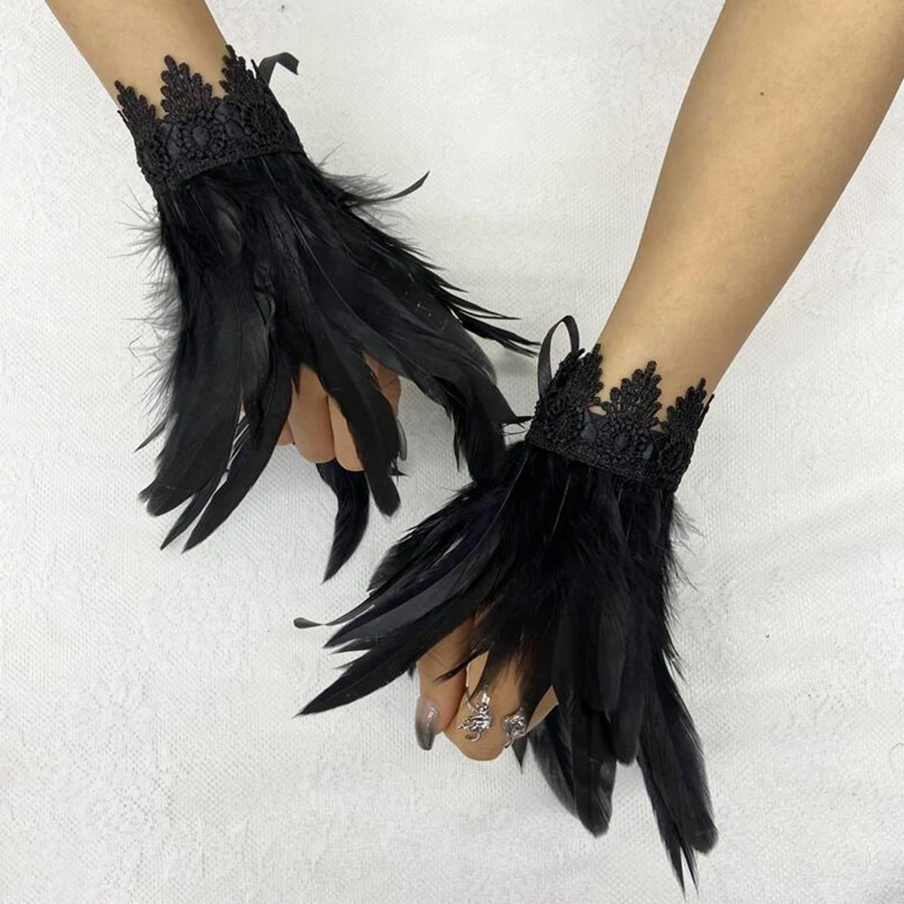 Punk Gothic Gloves Feather Wrist Cuff Stage Show Showgirl Natural Dyed Rooster Feather Arm Warmer Party Cosplay Costume