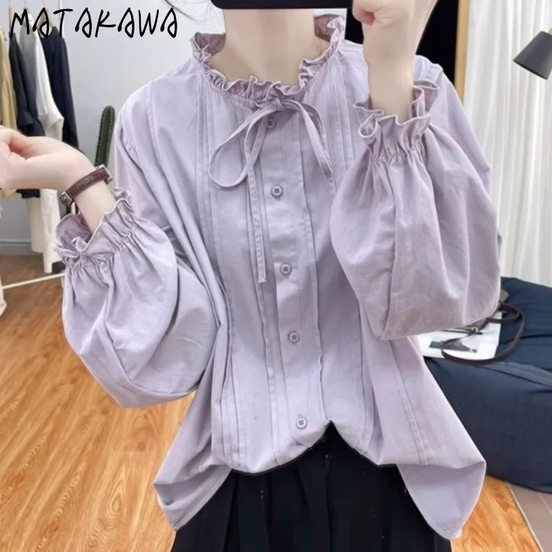 

Matakawa Spring Autumn Shirts&blouses Women Tops Solid Ruffles Korean Fashion Blusas Mujer Sweet Lace Up Elegant Camisas