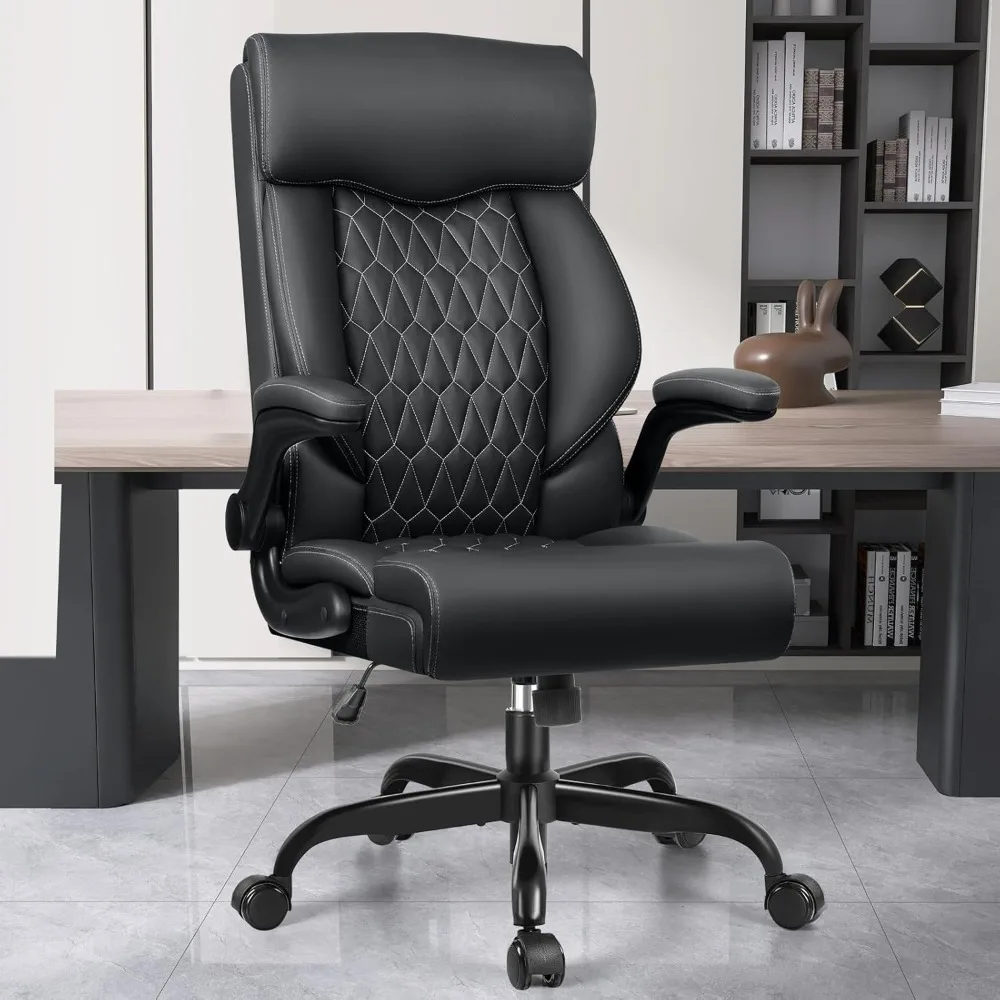 

Office Chair - Ergonomic Computer Desk With Rocking Function, Leather Managerial With Adjustable Flip-Up Armrests