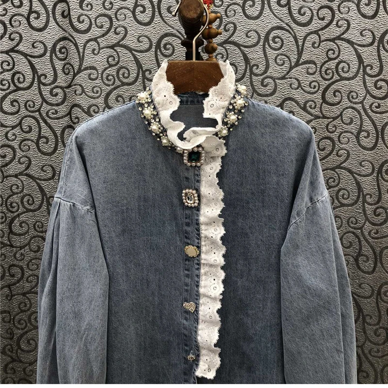 Donne di lusso diamanti perline cuciture in pizzo camicie di Jeans blu primavera strass Jeans camicetta Cardigan monopetto top