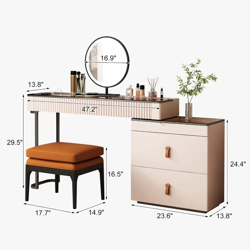 extendable Dresser Set、Makeup Vanity、Dressing Table,Super Storage、LED Lighted Vanity Mirror with ash All Solid Wood
