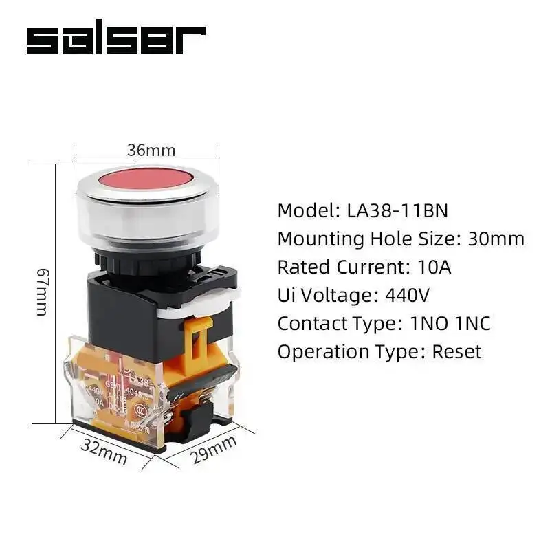 30 مللي متر مفتاح بـزر دفع LA38-11BN Momenrtary إعادة تعيين قفل ذاتي 1NO1NC بدء إيقاف دائري مستدير شقة رئيس النحاس الاتصال