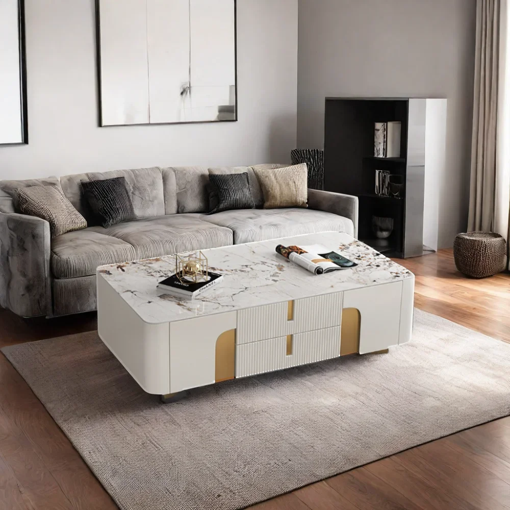 Centre de divertissement moderne en pierre frittée blanche, meuble de rangement latéral pour salon, meuble TV avec Base en métal doré