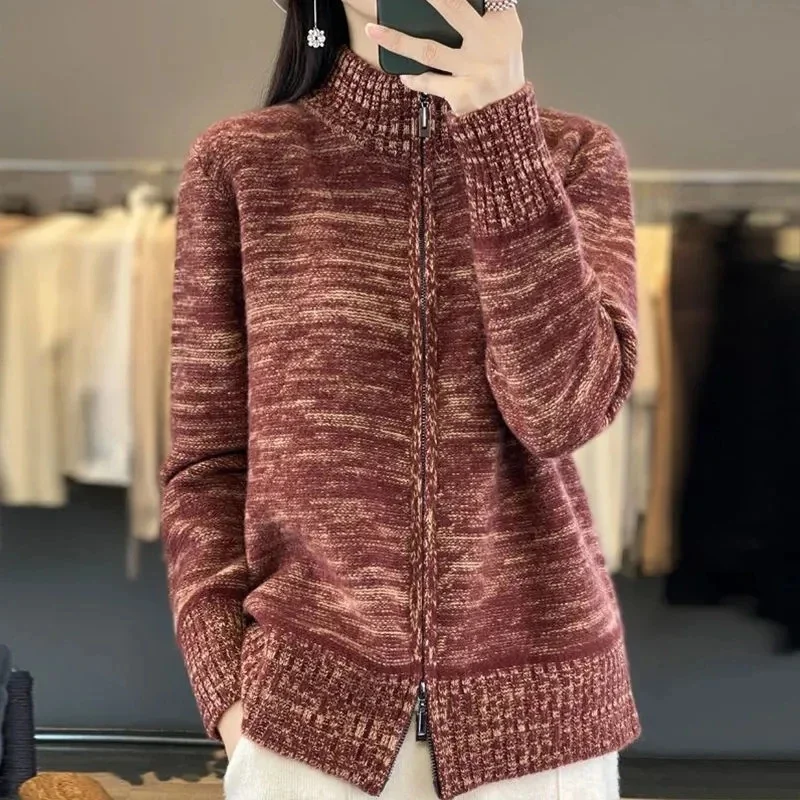 

2024Autumn Winter Half-high Collar Cardigan Versatile Female Sweater Jacket Temperament Casual Women Zipper Knitted Sweater Coat