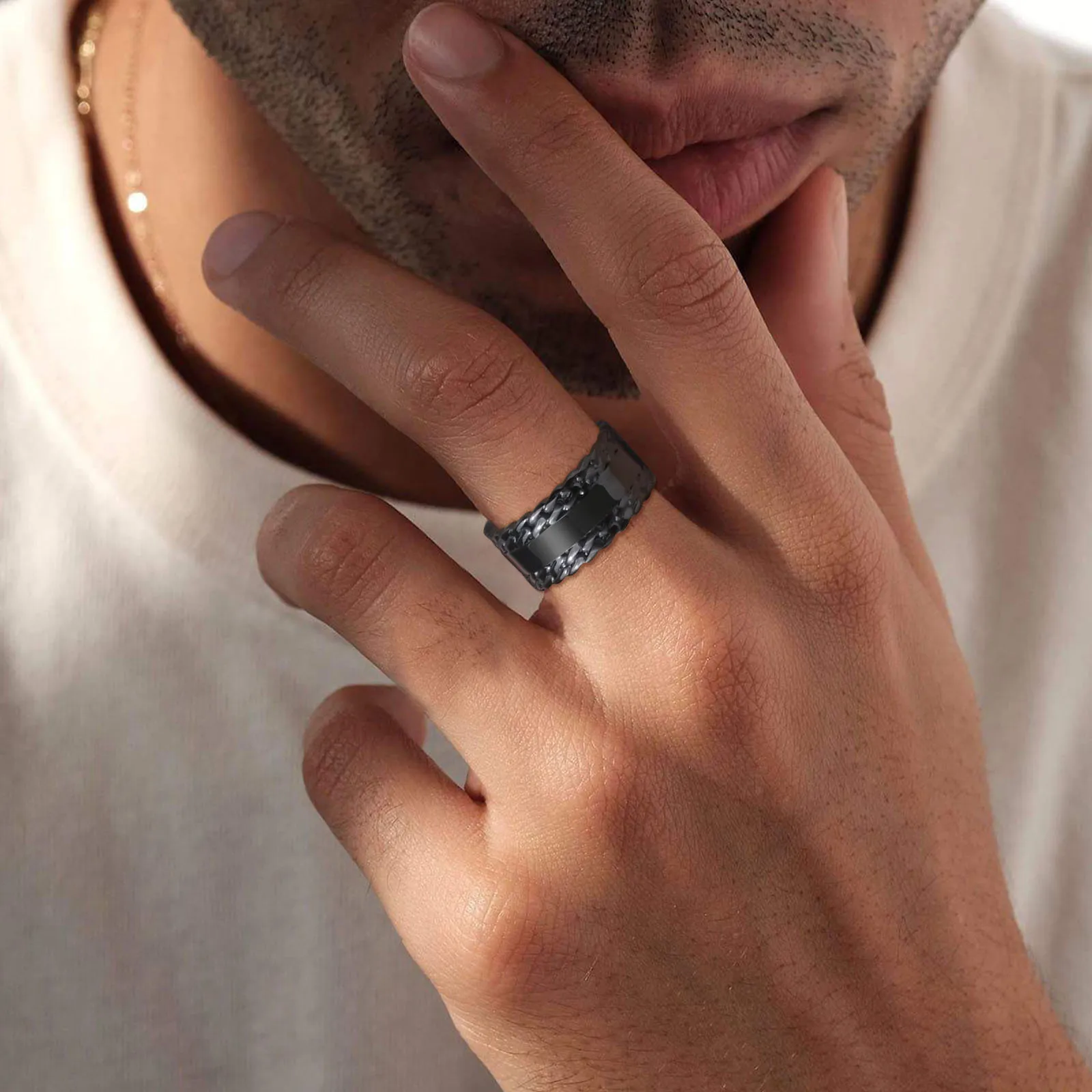Rings For Men Stainless Steel No Fade Jewelry Men\'s Ring Black Chain Rings grunge gothic Anti Rust Punk Rock Fashion design