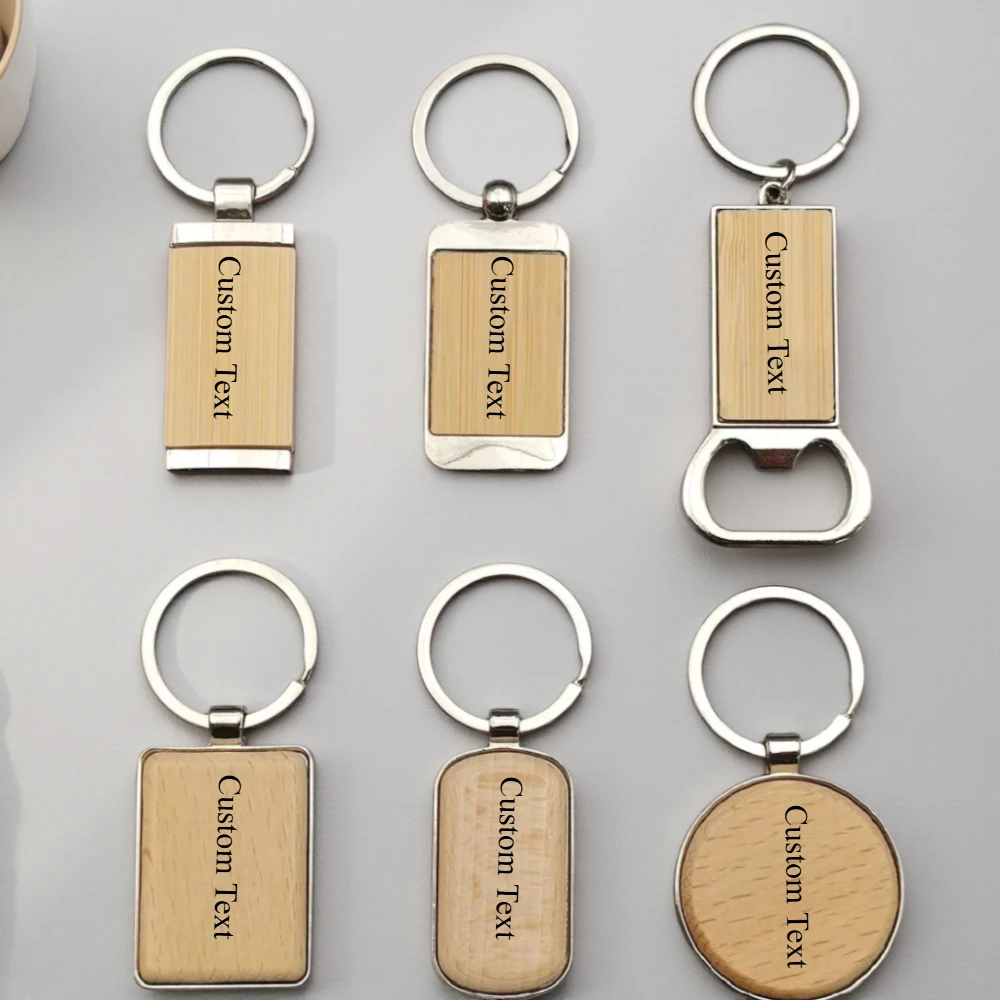 Custom Various Shapes Wooden Keychain  Laser Engraved Tags Keyring Car Bag  Key Ring Chain Bottle Opener Stainless Steel Gift