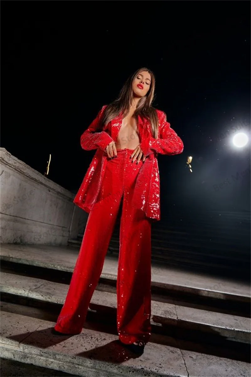 Red Sequins Women Pants Suits Set Glitter Jacket+Trousers 2 Pieces Business Wedding Tuxedo One Button Street Wear Custom Made