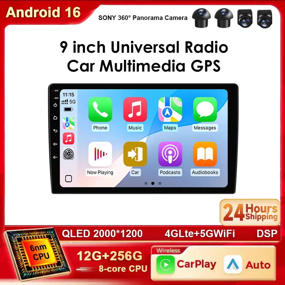 Android 16 9-inch Universal Car Radio Multimedia Navigation Auto 360 Camera GPS 4G WIFI BT DSP DVD  Head Unit  Carplay