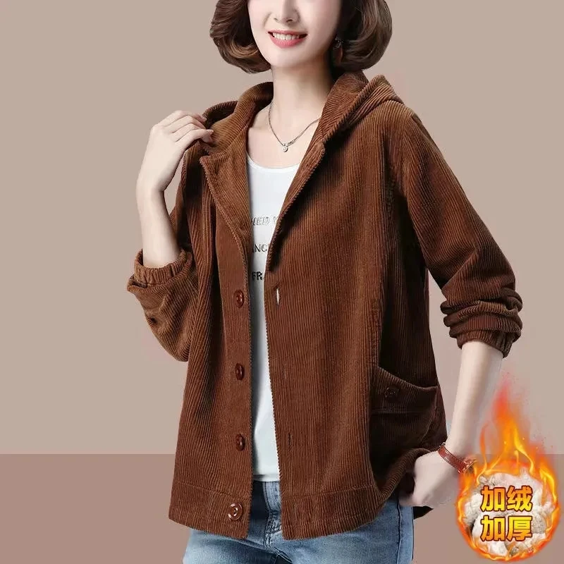 2023 Autumn Winter New Corduroy Coat 5xl Women\'s Hooded Jacket Warm Thicken Loose Long Sleeve Outerwear Female Casual Clothing