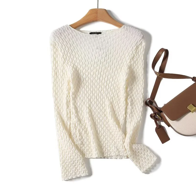 

Jenny&dave 2026 Nordic Minimalist Texture Knitted Basic T-shirt Women Elegance Commuting Casual Top Autumn Long-sleeved Knitwear