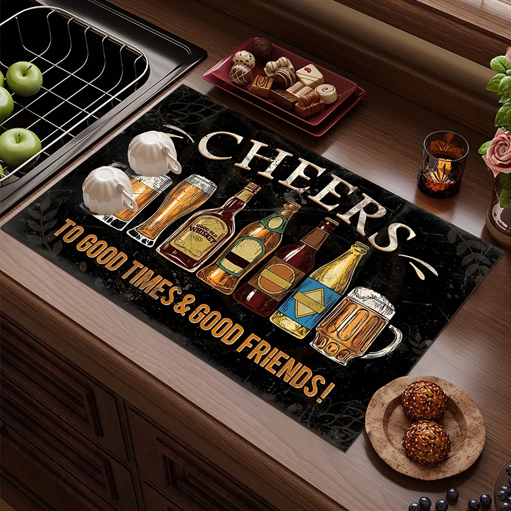 Vintage Beer Cheers Dish Drying Mat Absorbent Quick Dry Washable Pad For Kitchen Counter Coffee Bar Daily Use