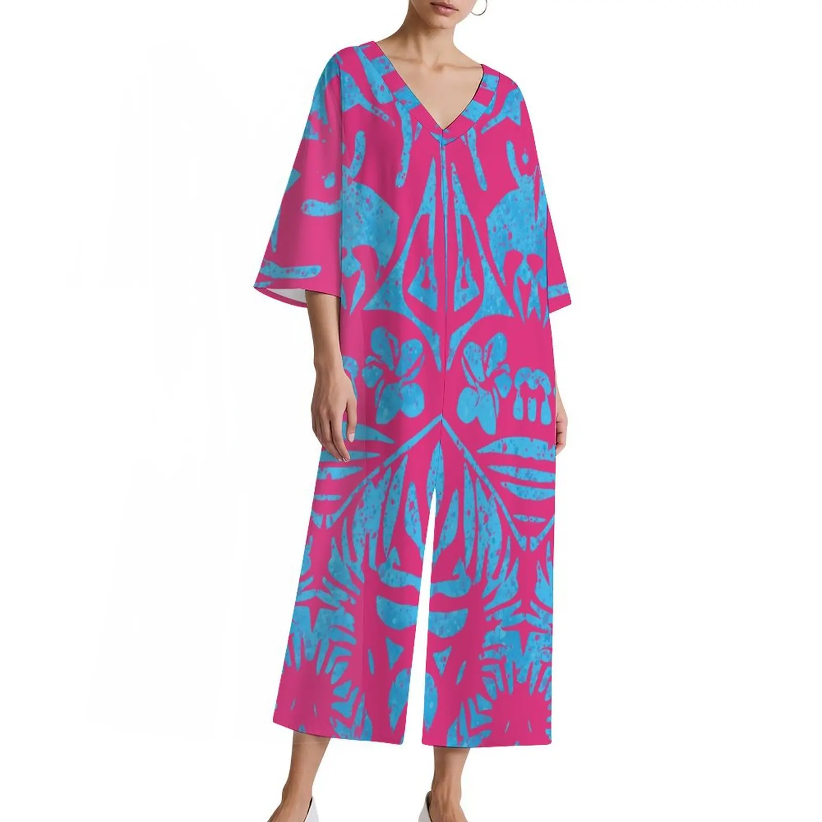 사모아 폴리네시아 부족 디자인 우아한 바지 공장 도매 맞춤 루즈핏 통기성 좋은 여성용 하이웨이스트 원피스 팬츠