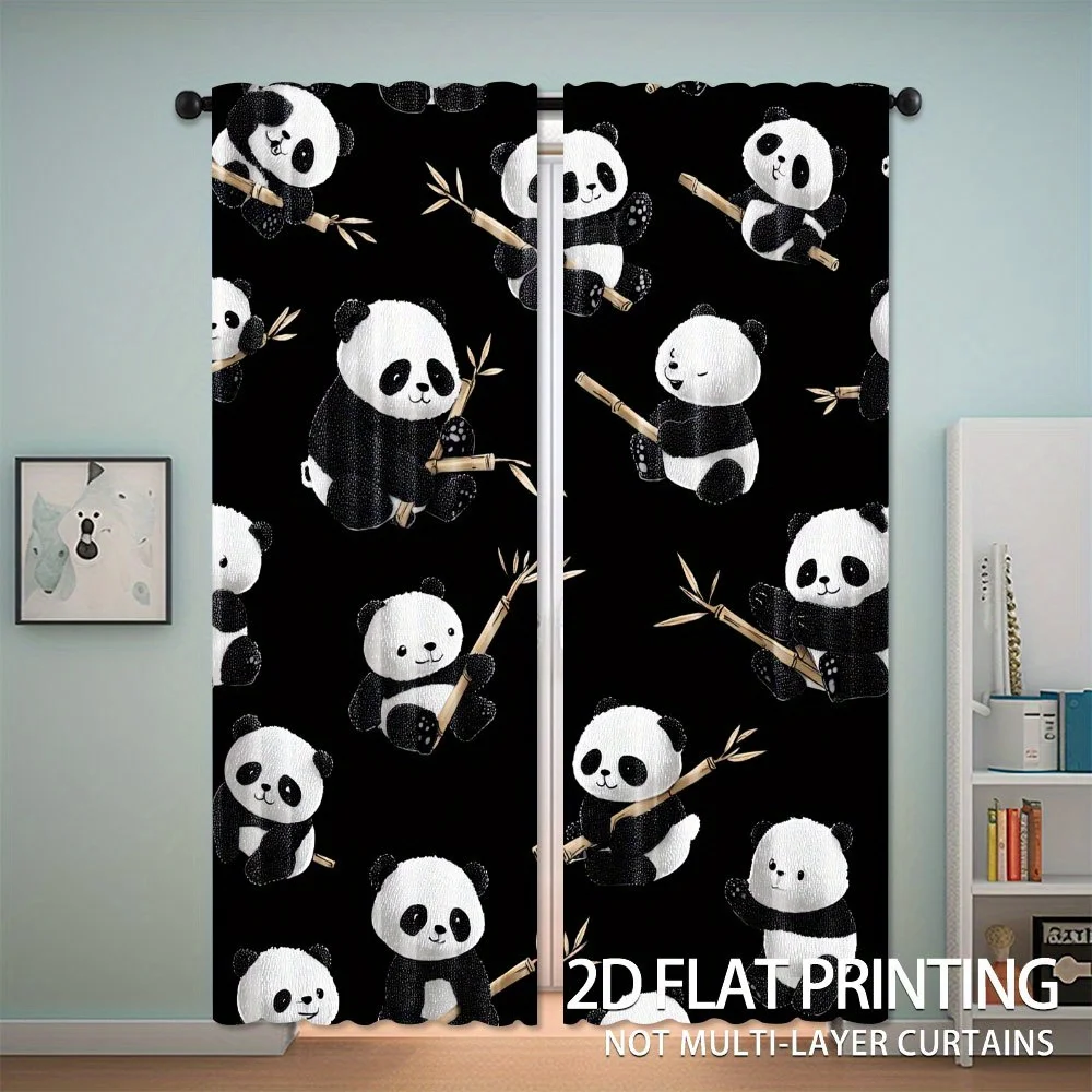 Adorable Panda Pattern Semi Transparent Polyester Curtain Set of 2 Rod Pocket Shade Cloth for Living Room Festival Home Decor