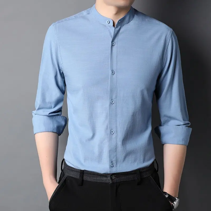 

Spring Winter Temperament Buttons Solid Color Stand Collar Long Sleeve Shirts Men's Clothing Simplicity Cotton Loose Blouse Tops