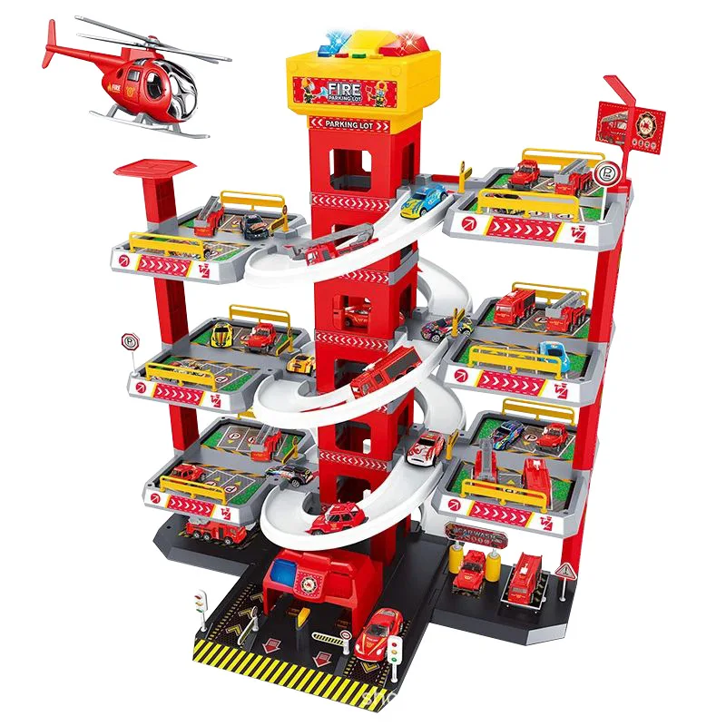 2023 New Children\'s Electric Track Parking Lot Boydiyassembling Multi-layer Rail Car Police Car Fire Truck Parking Toy