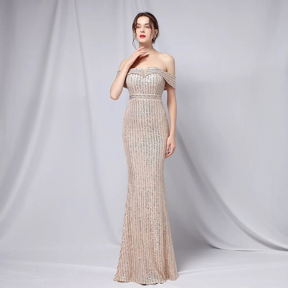 Vestido de noche de sirena brillante con lentejuelas sin hombros para mujer, vestidos formales