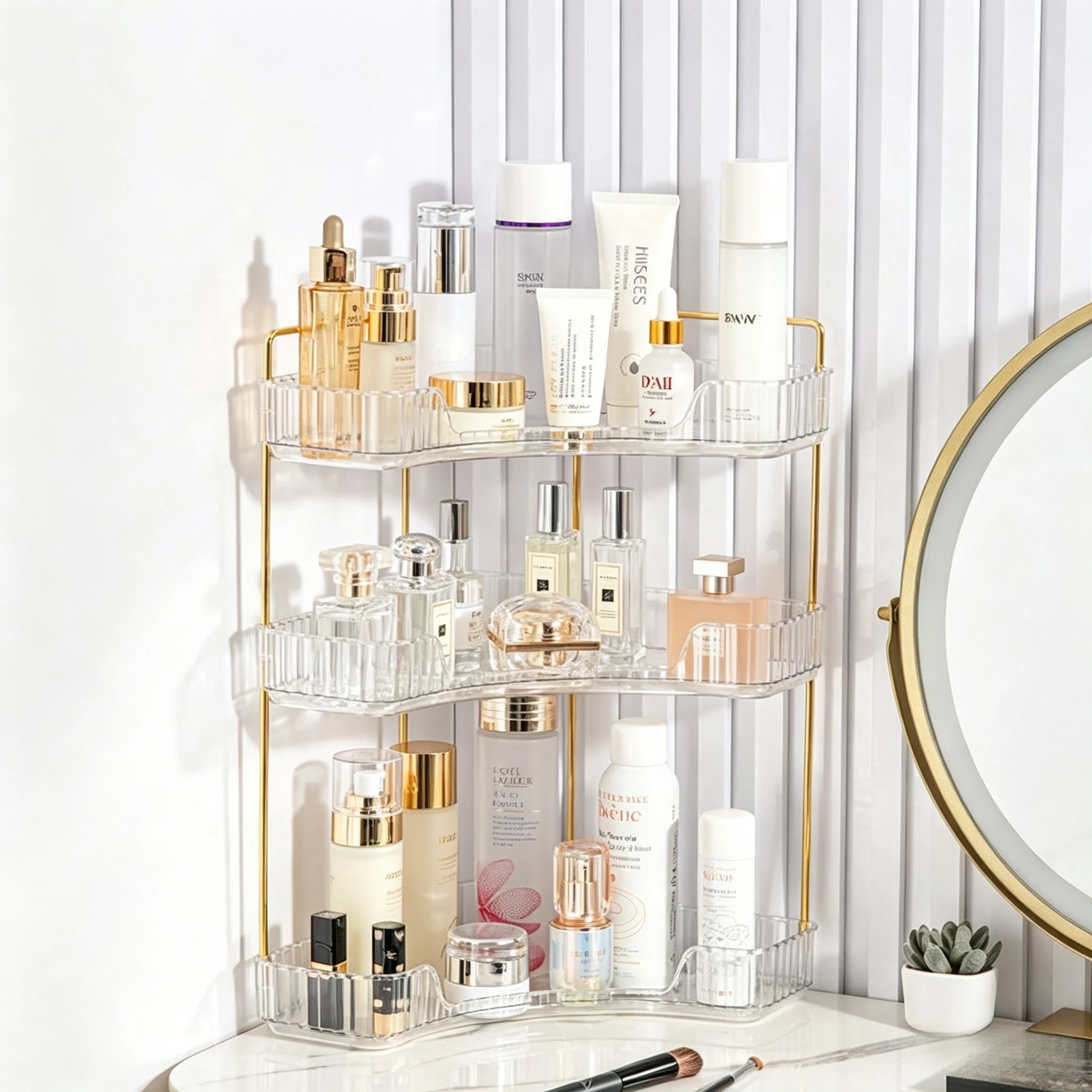 Corner Bathroom Counter Organizer, Square PET Cosmetic & Skincare Storage Box, Vanity Makeup Organizer & Kitchen Spice Rack, Space Saving Countertop Shelf, Clear