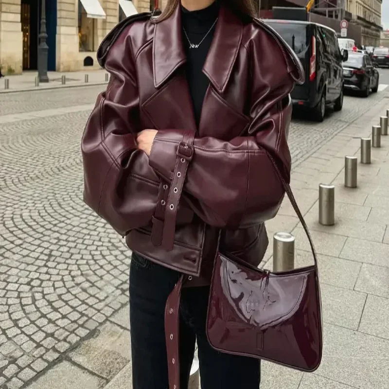 

New Fashion Female Leather Turn-down Collar Casual Short Jacket Slim Long Sleeve Coat 2024 Autumn Winter High Street Outerwear