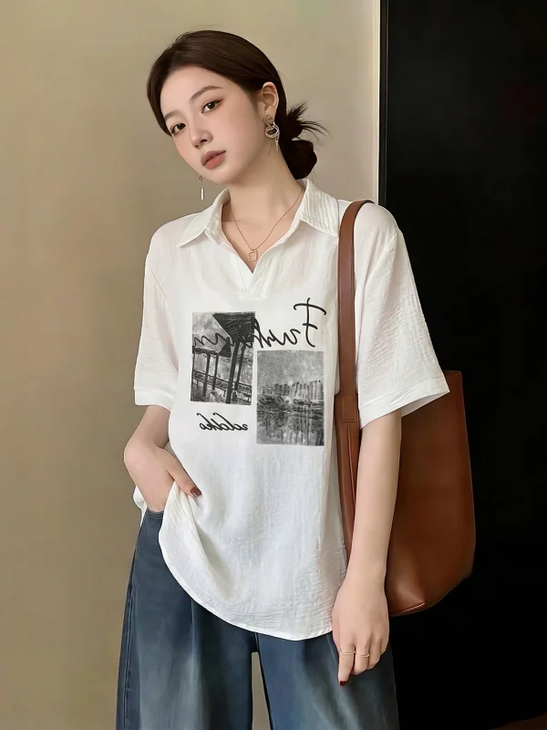 

Elegant V-neck Short-sleeved Shirt Women's plus Size Micro Fat MM Mid-length Top Korean Style Commute Wind Loose Fit