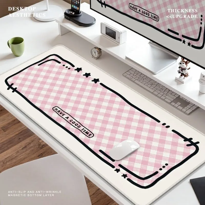 Kawaii Grid Check Extended Desk Mat Large Waterproof Non Slip Pastel Pink Blue Extra Big Mouse Pad for Gaming Laptop Desk Decor