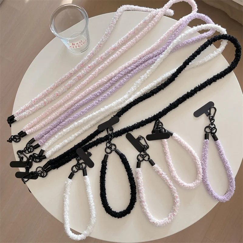 Fashion Creative Double button A bracelet Phone Hanging chain Shoulder Strap Personality Dual use Fluffy Long chain Lanyard Girl