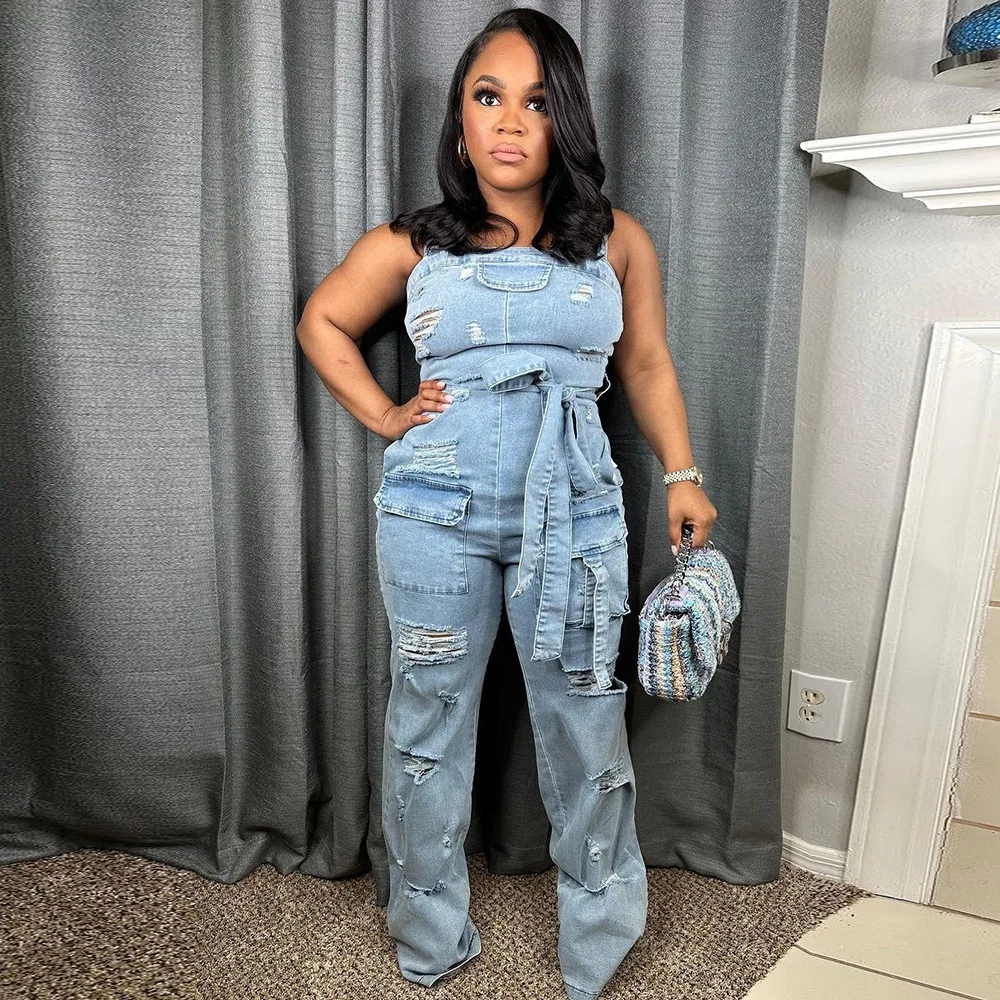 Gewaschener Denim Cargo Overall für Frauen 2024 Sommer sexy elastische Loch taschen Gürtel riemen weites Bein Hosen Jeans Overalls Stram pler