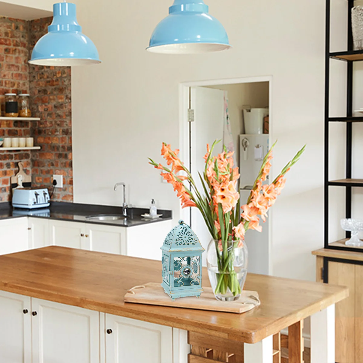 

Lantern Iron Rustic Hollow Out Tealight Holder Blue Gold Romantic Ambience for Mantle Bookshelf Kitchen Counter