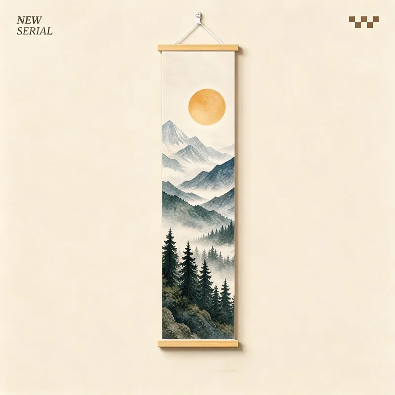 Wall Art Golden Sun Misty Mountains and Evergreen Forest, Nordic Japandi Pearlescent Canvas Hanging Scroll for Reading Nook