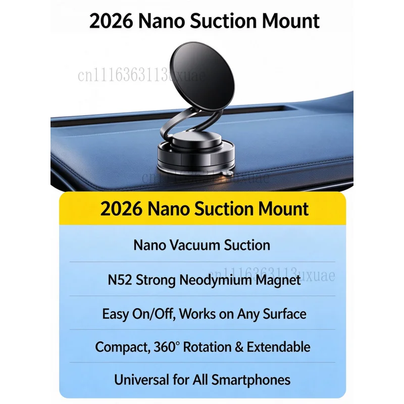 MagSafe Car Phone Mount 720 Rotating Vacuum Suction Foldable N52 Magnetic Holder with Metal Ring and Pad, for iPhone Android