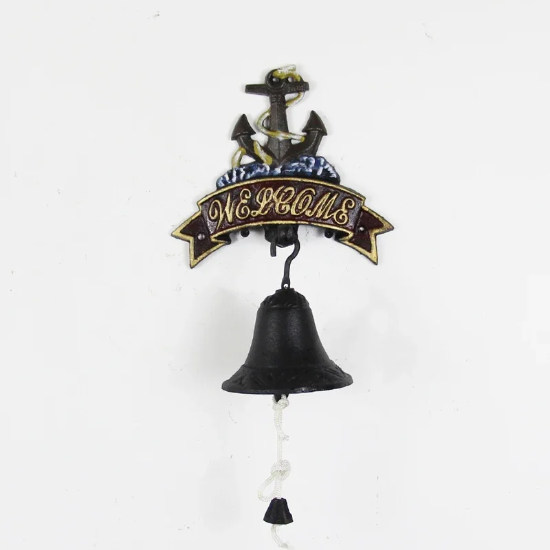 Cast Iron Anchor Welcome Signs Wall Bell European Blue Beach Accent Home Garden Wall Decor Hand Cranking Metal Welcome Door Bell
