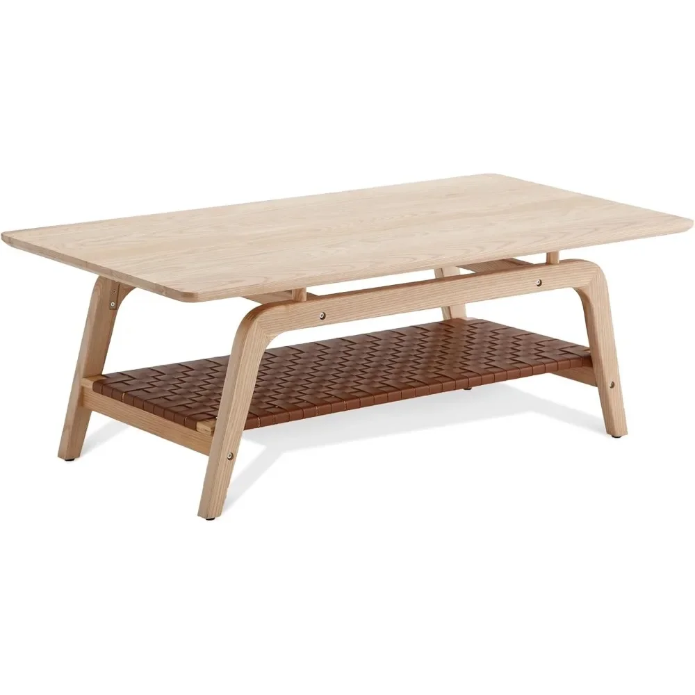 Mesa de centro de madera para sala de estar, estante de PU tejido de 2 niveles, mesa rectangular espaciosa, patas trapezoidales