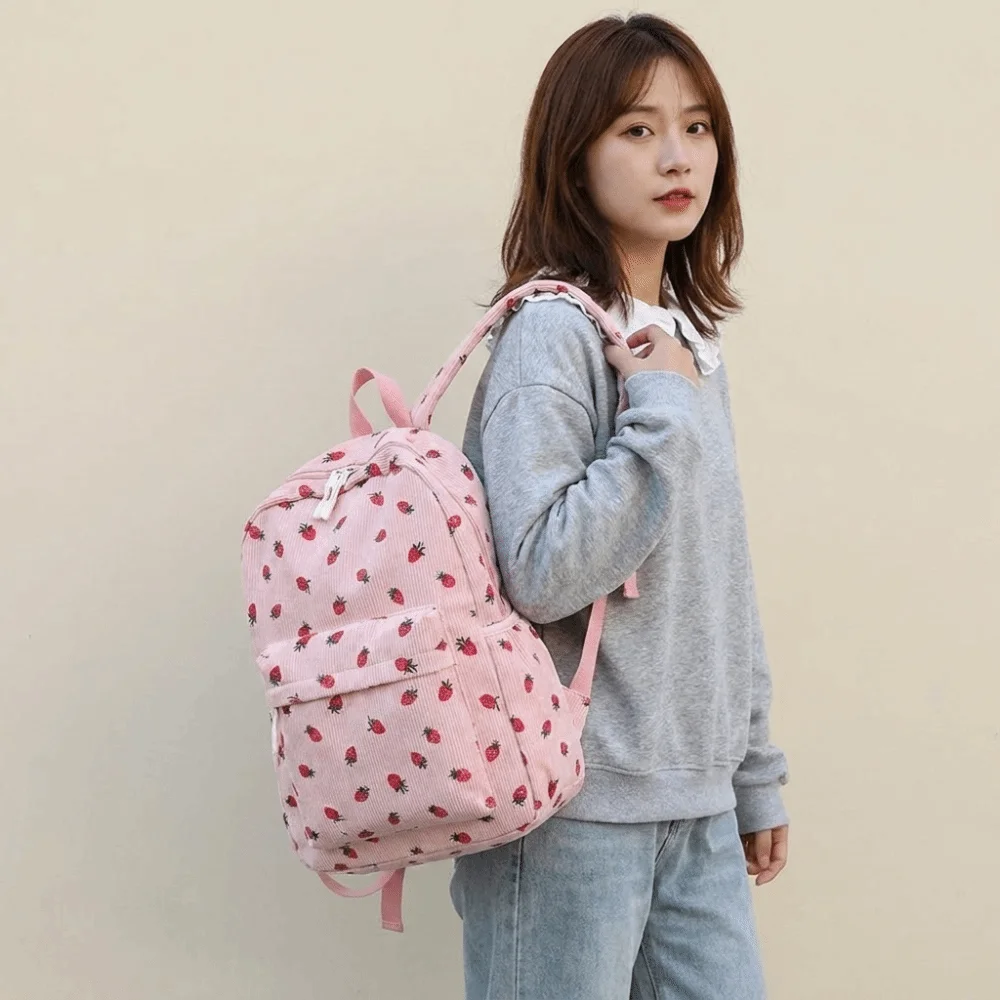Strawberry Corduroy Backpack Lightweight Solid Color Students School Bag Large Capacity Japanese Style Students Daypack Kids
