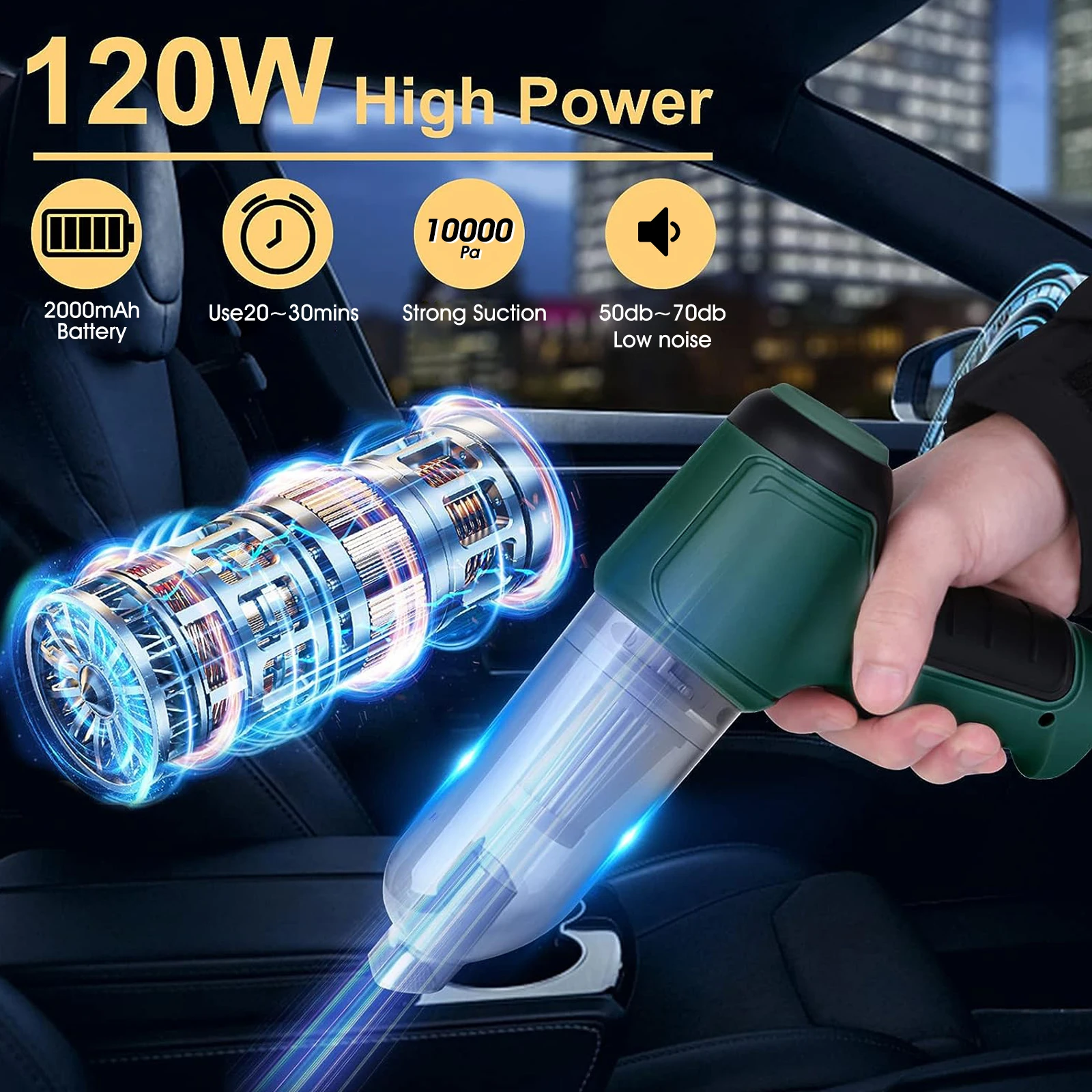 120W Cordless Car Vacuum Cleaner, 12000Pa Handheld, 35500rpm High-Speed, Low Noise, Washable Cartridge for Home & Car