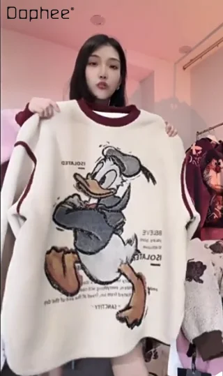 Korean Version Lamb Wool Thickened Jacket Autumn and Winter Heavy Industry Sequins Loose Cartoon Duck Pullover Sweatshirts Women